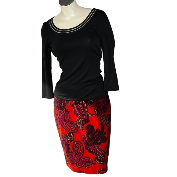TALBOTS Orange Velvet Purple Paisley Pencil Midi Skirt Size 2 - Picture 12 of 15
